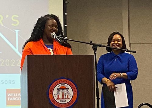 Tiffany Wright, Savannah State University student giving her HBCU experience testimony; Dawn Baker, Anchor, WTOC, Channel 11, Savannah and mistress of ceremonies