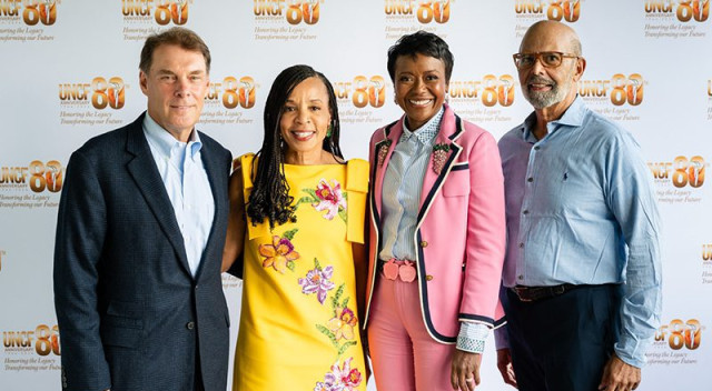 Left to right: Phill Gross, co-founder and managing director, Adage Capital Management, Kimberly Godwin, former president, ABC News and career journalist, Mellody Hobson, co-CEO and president, Ariel Investments and Dr. Michael L. Lomax, president and CEO, UNCF, discussed advancing Black wealth and economic mobility at Martha’s Vineyard in August 2024.