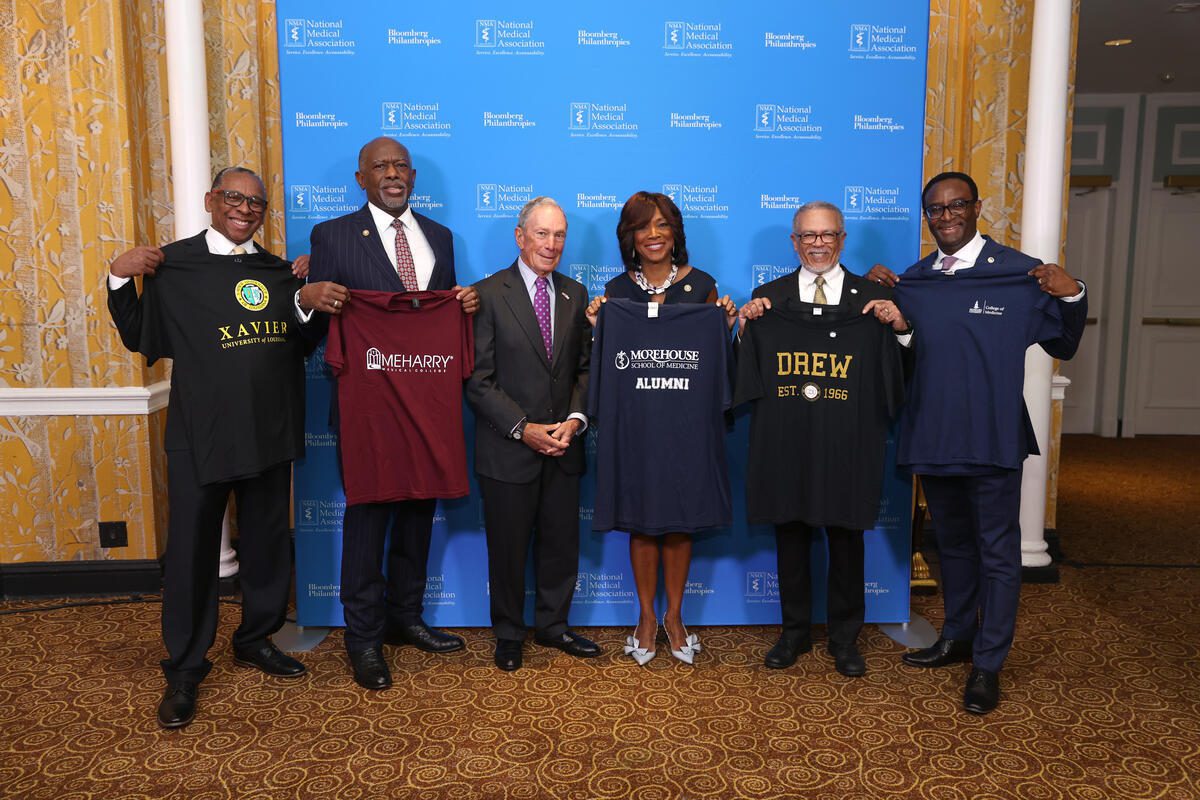 Bloomberg Philanthropies announces the largest-ever gift to the nation’s four historically Black medical schools in New York on August 6, 2024. Left to right: Dr. Reynold Verret, president, Xavier University of Louisiana; Dr. James E. K. Hildreth, president and CEO, Meharry Medical College; Michael R. Bloomberg, founder, Bloomberg L.P. and Bloomberg Philanthropies; Dr. Valerie Montgomery Rice, president and CEO, Morehouse School of Medicine; Dr. David M. Carlisle, president and CEO, Charles R. Drew University of Medicine and Science; and Ben Vinson III, Ph.D., former president, Howard University.