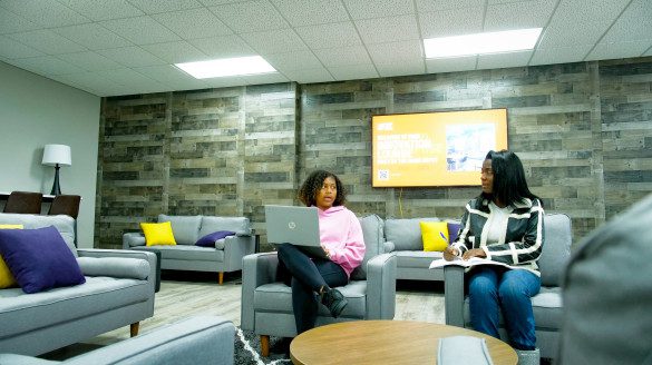 Miles College used the donations it received to successfully transform a space on campus into a dynamic hub for creativity, collaboration and entrepreneurship. The Innovation Lounge features modular furniture, collaborative zones and flexible learning areas designed to support the diverse ways students engage, learn and build community. (Photo Credit: Ta’Ron Williams) 