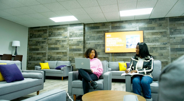Miles College used the donations it received to successfully transform a space on campus into a dynamic hub for creativity, collaboration and entrepreneurship. The Innovation Lounge features modular furniture, collaborative zones and flexible learning areas designed to support the diverse ways students engage, learn and build community. (Photo Credit: Ta’Ron Williams) 