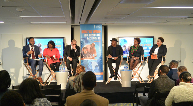 One of the two panels from the Imparting Wisdom rollout. From left to right, Dr. Brian Bridges, former vice president for research and member engagement, UNCF; Dr. Nina Gilbert, director, Center for Excellence in Education, Morehouse College; Dr. Hakim Lucas, president, Virginia Union University; Marquise McGriff, founder and executive developer, Club 1964; and Amanda Aiken, president, A. Leigh Solutions, Spelman College alumna and UNCF K-12 Walton Fellow alumnus; and Dr. Carmen Walters, president, Tougaloo College.