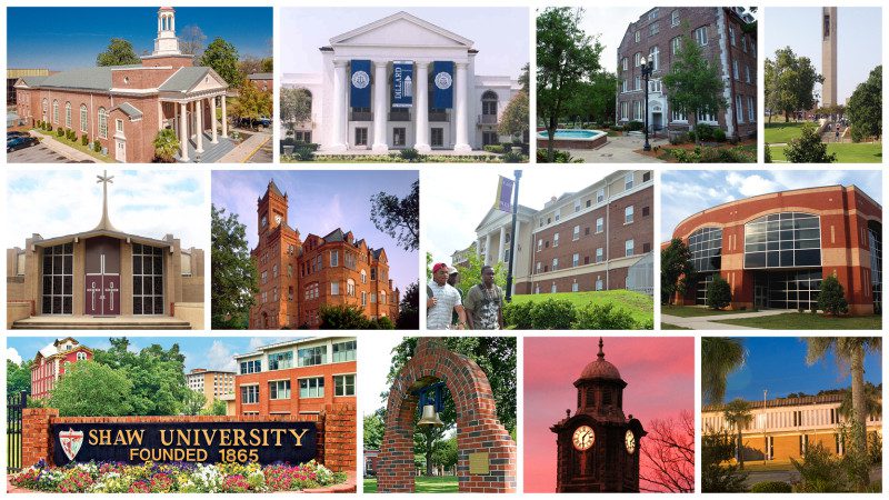 Photo collage of HBCU campus buildings