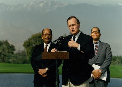 Pres. Bush, Chris Edley, Sr. (UNCF President) and Dr. Samuel DuBois Cook (Dillard President and Chair of the UNCF Member Presidents announcing Amb. Walter Annenberg’s $50 million challenge grant for Campaign 2000 (UNCF’s 4th Capital Campaign).