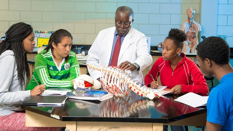 Anatomy students working with professor at Jarvis Christian College