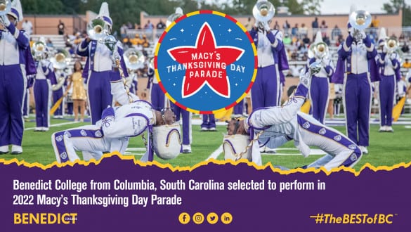 Macy's Day Parade logo overtop a photo of Benedict College marching band