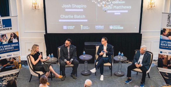 (L to R) Missi Matthews, Pittsburgh Steelers reporter and host; Charlie Batch, NFL legend and two-time Super Bowl champion; Josh Shapiro, Pennsylvania Governor; and Robert Kraft, New England Patriots chairman and CEO and founder of Blue Square Alliance Against Hate
