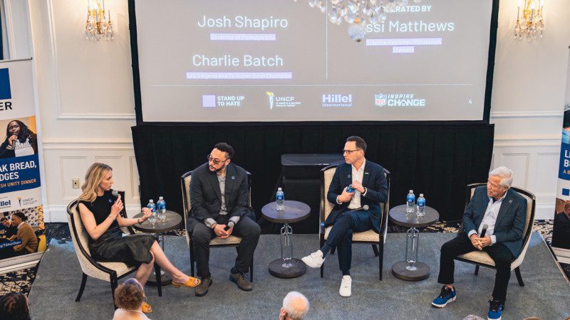 (L to R) Missi Matthews, Pittsburgh Steelers reporter and host; Charlie Batch, NFL legend and two-time Super Bowl champion; Josh Shapiro, Pennsylvania Governor; and Robert Kraft, New England Patriots chairman and CEO and founder of Blue Square Alliance Against Hate