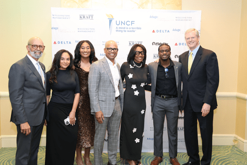 (l-r): Dr. Michael L. Lomax, president and CEO, UNCF; UNCF Lighted Pathways alumni and Gala honorees Demond Martin, Pamela Everhart and Governor Charlie Baker