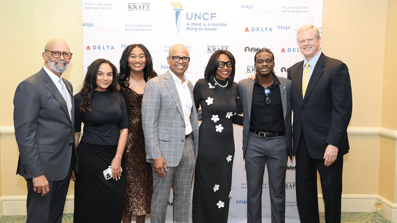 (l-r): Dr. Michael L. Lomax, president and CEO, UNCF; UNCF Lighted Pathways alumni and Gala honorees Demond Martin, Pamela Everhart and Governor Charlie Baker