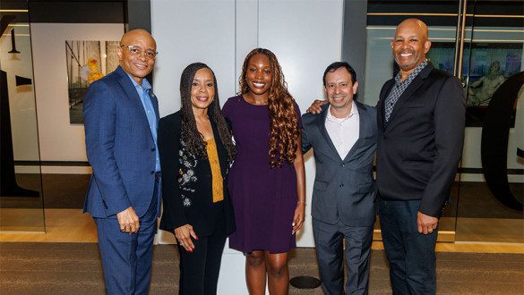 From Left to Right: Maurice Jenkins, UNCF EVP and Chief Development Officer; Kim Godwin, Chair of UNCF New York Leadership Council; Diamond Uwawuike, UNCF Gray NYC Scholar; Diego Aviles, UNCF SVP, Northeast; and Mickey Carter, EVP US Distribution, Paramount Skydance.