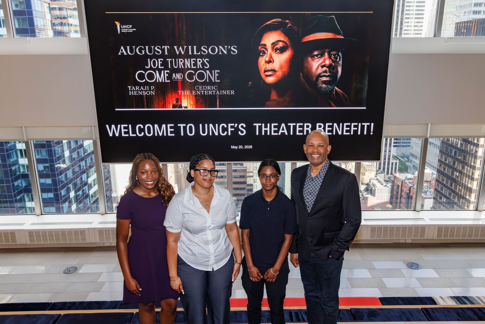 From Left to Right: UNCF Gray NYC Scholars Diamond Uwawuike, Kalia Oaddams, and Shyanne Ramsahai and UNCF Leadership Council member and event host Mickey Carter, EVP US Distribution, Paramount Skydance.