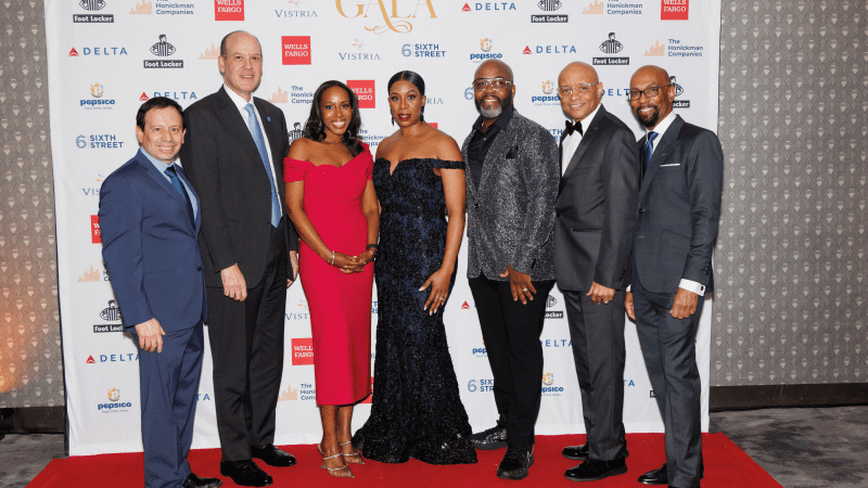 From left to right: Diego Aviles, senior vice president, northeast, UNCF; Sol Gindi, head of Wells Fargo Advisors; Margaret Anadu, co-founder & head of real estate, The Vistria Group; Tai Neal, vice president, head of community and impact, Foot Locker; George Jenkins, senior vice president of store operations and customer experience, Foot Locker; Maurice Jenkins, executive vice president & CDO, UNCF; and Warren Williams, assistant vice president, northeast, UNCF.