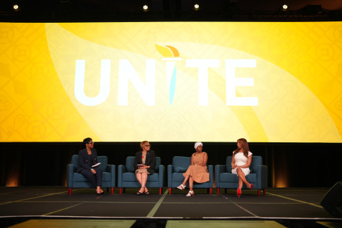 Unite 2026 L-R: Tiffany Taylor, president, ASU+GSV Summit, Dr. Bobbie Knight, president, Miles College;  Monique Picou, chief strategic officer, Google Cloud and Tasha Austin, Ph.D., principal, Deloitte;.