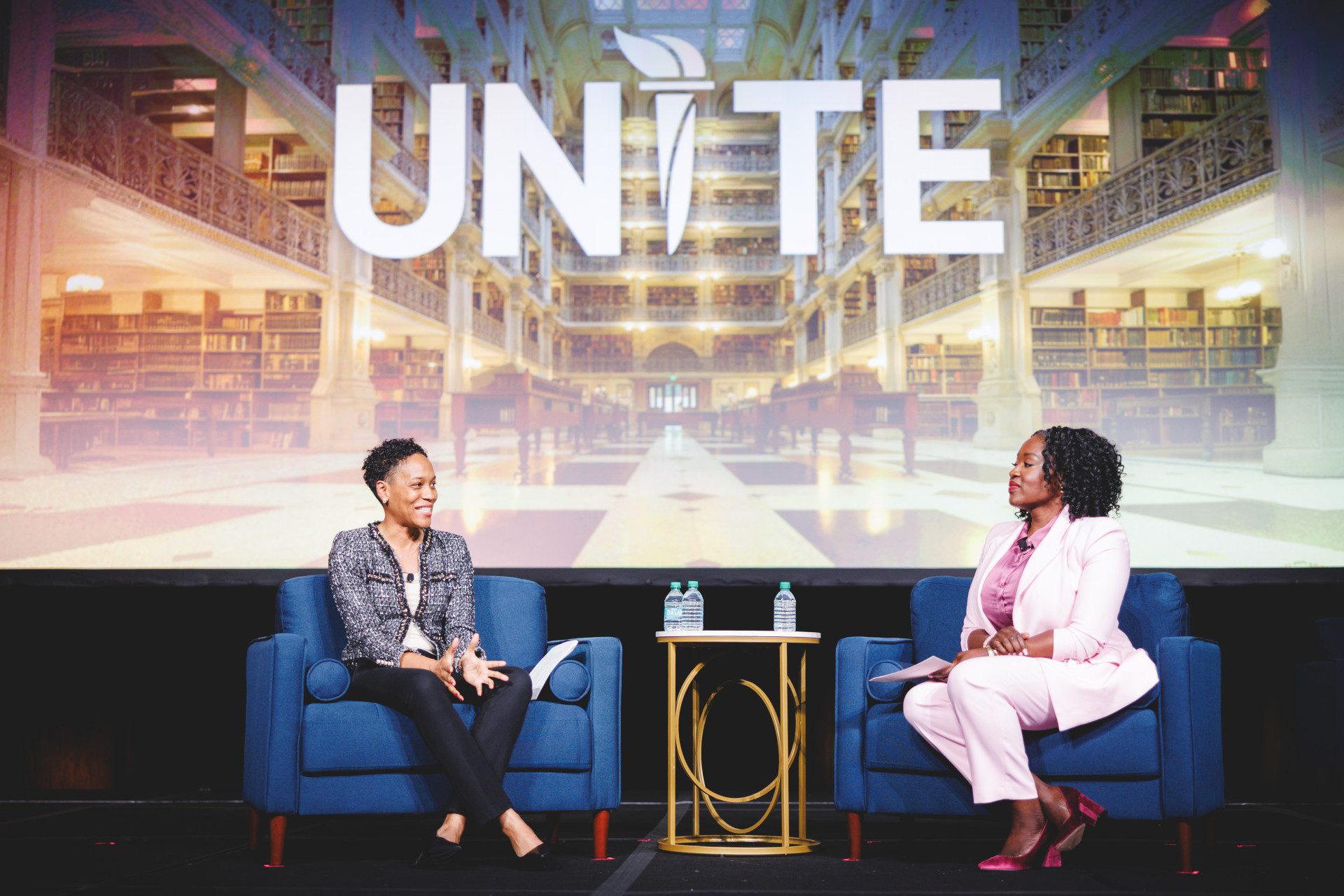 Dr. Amelia Parnell, president of NASPA (left), and Dr. Zainab Okolo, senior vice president for policy, advocacy, and government relations at The Jed Foundation (right), shared insights during a plenary session at UNITE 2025 in Atlanta, GA, centered on advancing student support and mental health.