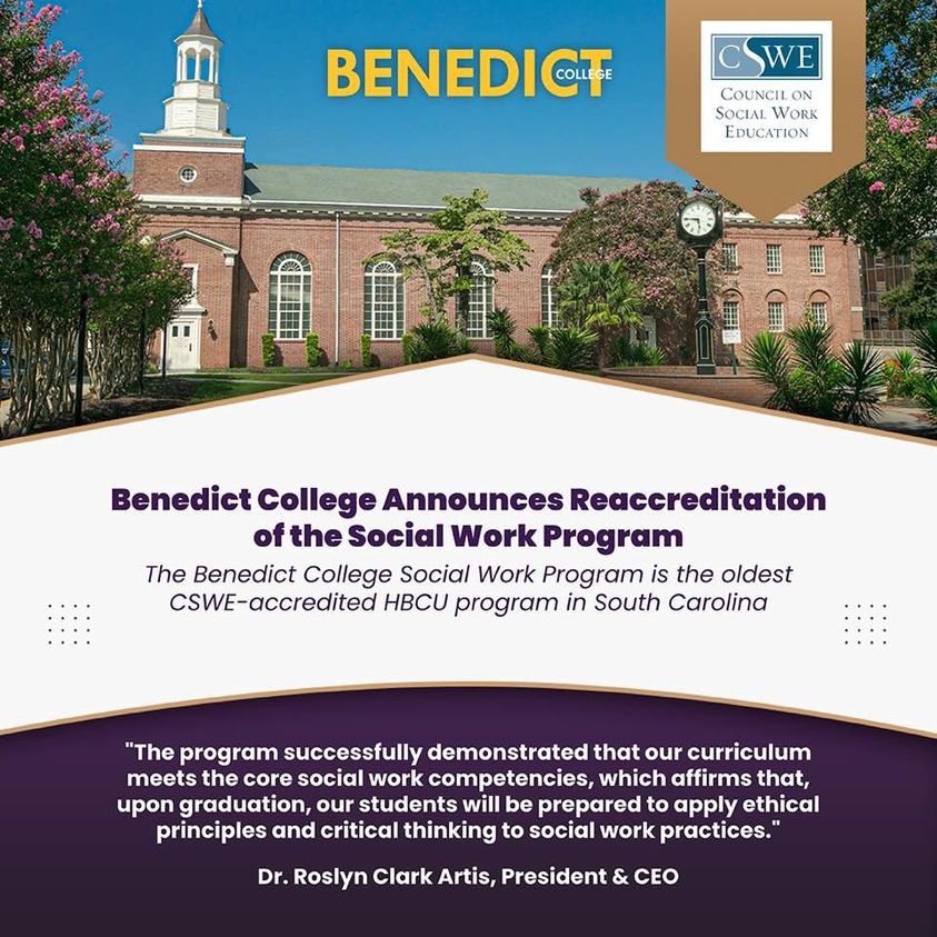Benedict College Social Work Program Reaccreditation banner graphic. For more information, contact Benedict College at www.benedict.edu