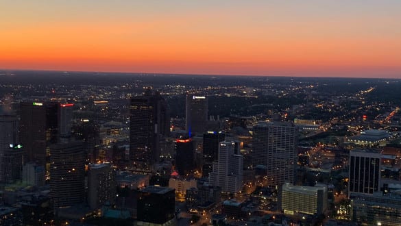 Aerial shot of Columbus, Ohio at dusk