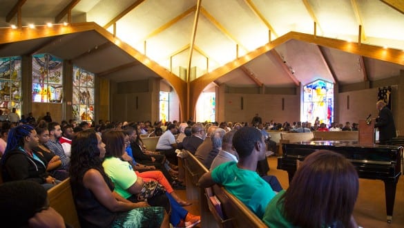 Chapel interior with students at a service at Jarvis Christian College