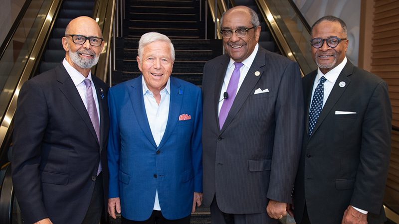 (L to R) Dr. Michael L. Lomax, president and CEO, UNCF; Robert Kraft, chairman and CEO of the Kraft Group and founder of the Blue Square Alliance Against Hate; Milton H. Jones, Jr., board chair, UNCF; and Dr. George T. French, president, Clark Atlanta University.