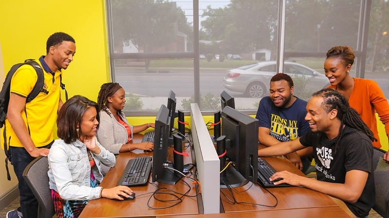 6 students working on computers at Johnson C. Smith University