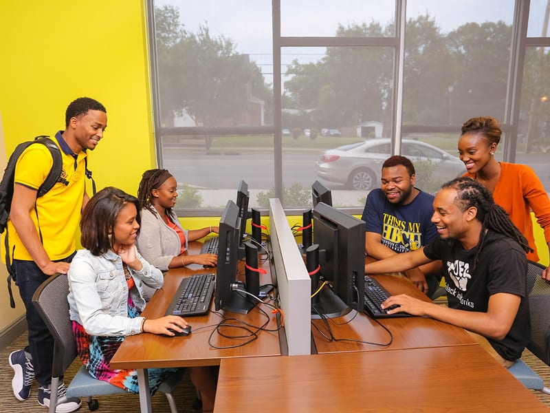 6 students working on computers at Johnson C. Smith University