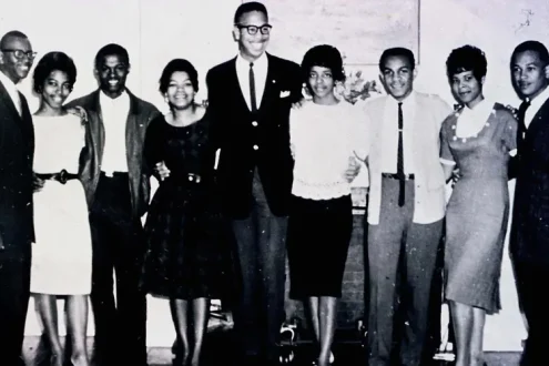 From left: Joseph Jackson, Jr., Geraldine Edwards, James Bradford, Evelyn Pierce, Albert Lassiter, Ethel Sawyer, Meredith Anding, Jr., Janice Jackson and Alfred Cook. Photo courtesy of Tougaloo College Archives.