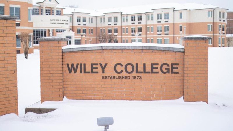Wiley College sign in snow